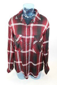 Sanctuary Cabernet Boyfriend Fit Red Black Plaid Shirt Womens Medium Soft Long